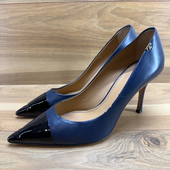 Tory Burch Penelope Cap Toe Heels 10 M Navy Blue Black Cap Toe - Picture 3 of 11